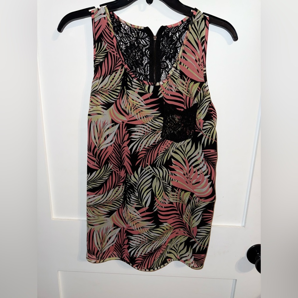 Tropical Leaf Print Blouse with Lace Detail